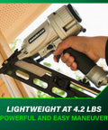 Finish Nailer With Air Duster For Crown And Base Molding 15 Gauge Angled Pneumatic Nailer in use, lightweight design