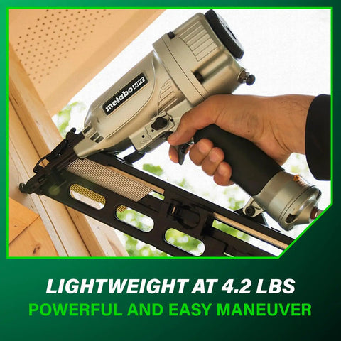 Finish Nailer With Air Duster For Crown And Base Molding 15 Gauge Angled Pneumatic Nailer in use, lightweight design