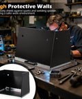 Foldable Welding Table Portable 17 By 20 Inches Weld Tabletop With 3 Protective Panels 8 Tool Slots And 0.59 Inch Fixture Holes Built Tough Job Site Ready Heavy Duty Metal Work Table For Workbench Garage And Workshop shown in a workshop setting with protective panels.