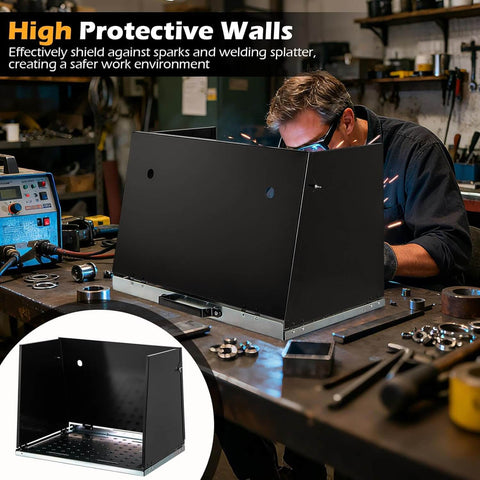Foldable Welding Table Portable 17 By 20 Inches Weld Tabletop With 3 Protective Panels 8 Tool Slots And 0.59 Inch Fixture Holes Built Tough Job Site Ready Heavy Duty Metal Work Table For Workbench Garage And Workshop shown in a workshop setting with protective panels.