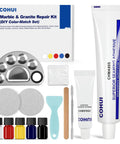 DIY Marble And Granite Repair Kit With Spot On Color Match For Quick Drying Quartz Countertop Fix components displayed