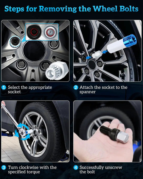 Wheel Lock Removal Kit For BMW 21 Piece Wheel Lock Key Set With Anti Theft Nut Socket instruction steps for removal.