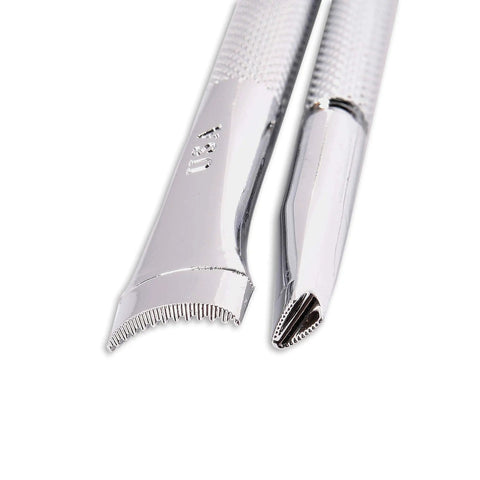 Close-up of two stamping tools from the Leather Stamping Tool Set for Crafting, 10 Sheridan Style Stamps Includes Lifter, Bar Grounder, Mulesfoot, Small Flowers Center, Two Bevelers, Veiner, Center Shader, Two Thumb Print Stamps with Vertical Lines, Sheridan Style Set I.