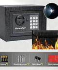 Compact Home Safe Box With Sensor Light Fireproof Money Safe For Your Cash Hideout 0.23 Cu Ft Security Safe With Digital Keypad And Passcode Lock Comes With Keys 9.05 W x 6.69 D x 6.69 H Black with accessories.