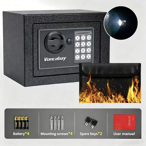 Compact Home Safe Box With Sensor Light Fireproof Money Safe For Your Cash Hideout 0.23 Cu Ft Security Safe With Digital Keypad And Passcode Lock Comes With Keys 9.05 W x 6.69 D x 6.69 H Black with accessories.