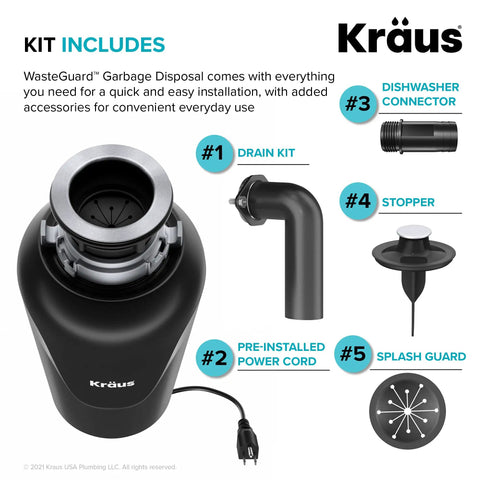 Kit components for WasteGuard Beefy 3/4 HP Ultra Quiet Garbage Disposal, showing disposal unit, drain kit, power cord, connector, stopper.