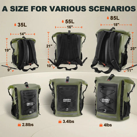 Back view of Waterproof Dry Bag Backpack 35L 55L 85L Heavy Duty Roll Top For Travel Kayaking Boating Camping Rafting Fishing