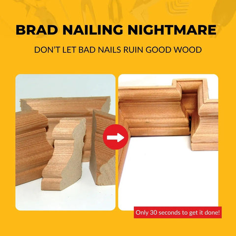 Broken and repaired wood pieces illustrating the challenges of incorrect brad nailing and the ease of proper repair