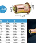 Heavy Duty One Hundred Piece 10 32 Thread Rivet Nuts And Nutserts Built Tough From Rust Resistant Carbon Steel With Durable Zinc Plating For Sheet Metal Jobs And Zero Hassle Assembly, showing dimensions and design.