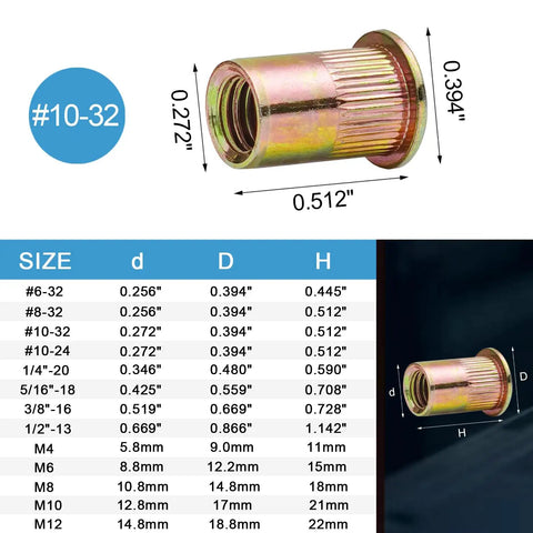 Heavy Duty One Hundred Piece 10 32 Thread Rivet Nuts And Nutserts Built Tough From Rust Resistant Carbon Steel With Durable Zinc Plating For Sheet Metal Jobs And Zero Hassle Assembly, showing dimensions and design.