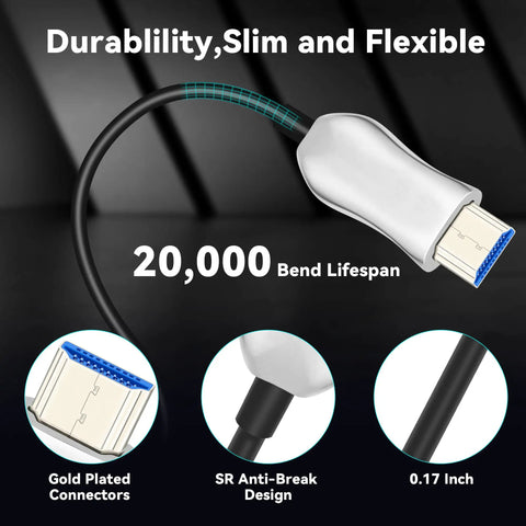 Solid 8K Fiber Optic HDMI 2.1 Cable 50 Foot Active Cord with gold plated connectors, slim design, and durability features.