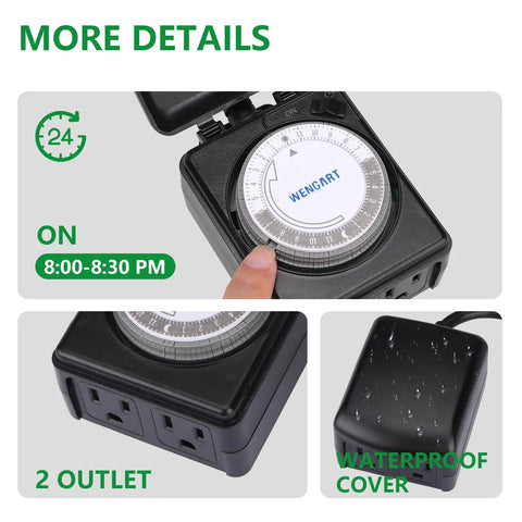 Badass All Weather Outdoor Mechanical Timer With Dual Grounded Outlets Weatherproof Flip Cover showing 24-hour programmable settings and waterproof cover.
