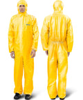 Heavy Duty Disposable Hazmat Suits Type 5 6 Chemical Protective Coveralls in yellow with snug elastic hood and full coverage.