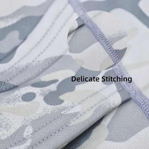 Close-up of stitching on Winter Balaclava Ski Mask for Men and Women, padded windproof full envelope face cover, camouflage design.