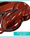Molten Merlot Professional Car Paint Basecoat Full Gallon Volume Ready To Spray Straight Out The Can With Premium Slow Reducer For Slick Coverage And A Badass Garage Ready Finish, showing a sample of black sealer.