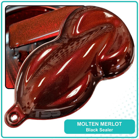 Molten Merlot Professional Car Paint Basecoat Full Gallon Volume Ready To Spray Straight Out The Can With Premium Slow Reducer For Slick Coverage And A Badass Garage Ready Finish, showing a sample of black sealer.