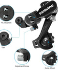 Close-up of Rear Derailleur RD-TZ31-A for 6/7 speed mountain bikes, showing H/L stop bolt, adjustment screw, and guide wheel.