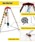Portable Folding Aluminum Rescue Tripod For Tight Spaces Heavy Duty Fall Arrest Rig With Quick Winch Hookup and Lockdown Anti Drop Guard Gear Built Tough For No Sweat Job Sites showing thickened top cover and adjustable feet.