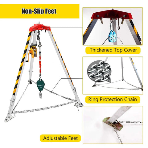 Portable Folding Aluminum Rescue Tripod For Tight Spaces Heavy Duty Fall Arrest Rig With Quick Winch Hookup and Lockdown Anti Drop Guard Gear Built Tough For No Sweat Job Sites showing thickened top cover and adjustable feet.