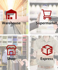 Collage showing a wired barcode scanner with adjustable stand and auto sensor being used in warehouse, supermarket, shop, and express settings.