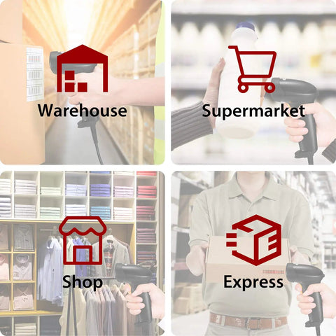 Collage showing a wired barcode scanner with adjustable stand and auto sensor being used in warehouse, supermarket, shop, and express settings.