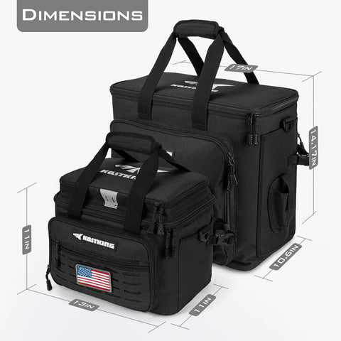 Dimensions of Karryall Tackle Bags Water Resistant Gear Storage For Saltwater And Freshwater shown in two sizes and features.