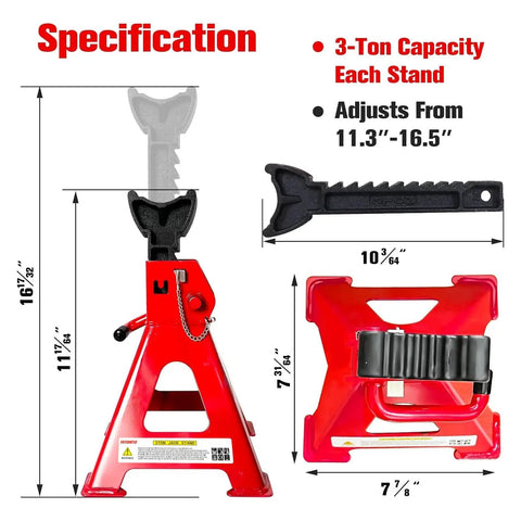 Heavy Duty 3 Ton Jack Stands With 11.22 To 16.54 Inch Adjustable Height, Double Pin Locking, Extra Rubber Pads, Sturdy Pyramid Base