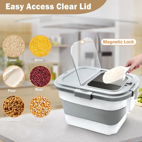 Collapsible Airtight Rice Storage Container With Cup And Scoop on counter, magnetic lock, showing various food uses