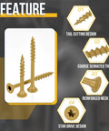 Tan Deck Screws 9x1.25 Inch 100 Pack For Decks Fences Frames Outdoor Furniture Pro Grade Carbon Steel Epoxy Coated With Torx T25 Bit Type 17 Point Heavy Duty Wood Screws displayed with features including tail cutting, serrated thread, reinforced neck, and star drive design.