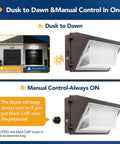 Ultra Bright 100W LED Wall Pack Dusk To Dawn Outdoor Security Lighting 13000 Lumens 5000K Daylight shown with dusk to dawn and manual control features