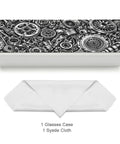 Industrial Metal Gear Textured Leather Eyeglass Case With Heavy Duty Magnetic Closure And Ultra Soft Velvet Lining For Prescription Glasses And Shades on a table with a syede cloth.
