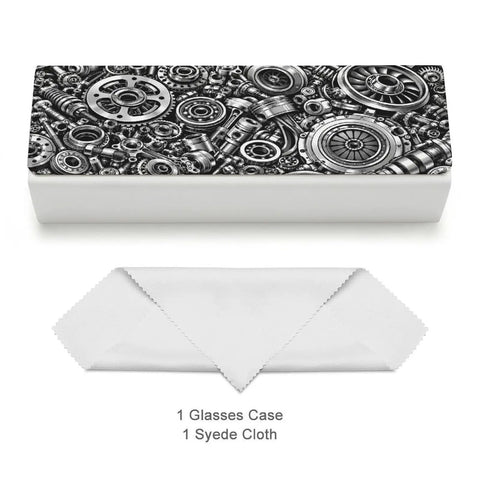 Industrial Metal Gear Textured Leather Eyeglass Case With Heavy Duty Magnetic Closure And Ultra Soft Velvet Lining For Prescription Glasses And Shades on a table with a syede cloth.