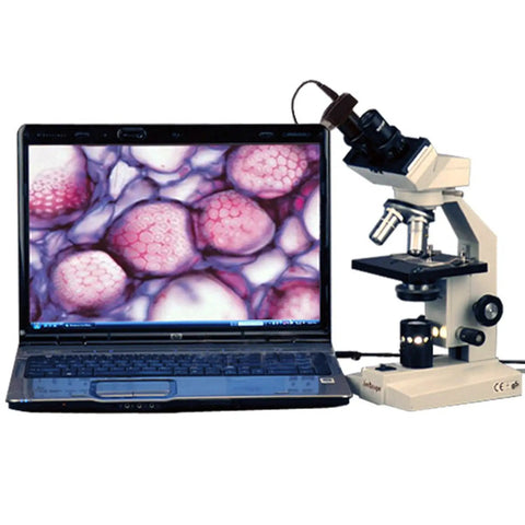 Digital Compound Binocular Microscope With 40X To 2000X Magnification, Brightfield Tungsten Illumination connected to laptop