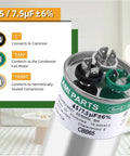 Beefed Up Dual Run HVAC Capacitor 45/7.5 uF 370/440V Replacement For Heat Pump Condenser Fan And Air Conditioner, showing terminals