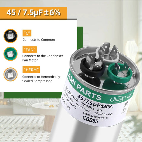 Beefed Up Dual Run HVAC Capacitor 45/7.5 uF 370/440V Replacement For Heat Pump Condenser Fan And Air Conditioner, showing terminals