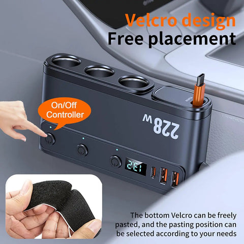 Heavy Duty Cigarette Lighter Splitter With 45W Retractable Type C Car Charger Cable showing on/off controller and Velcro design.