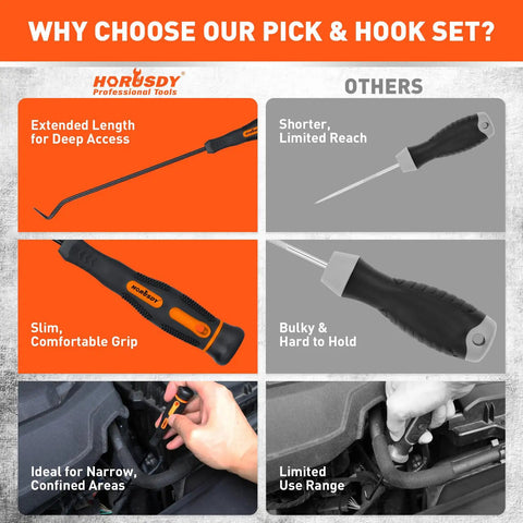 Comparison of hook and pick set with extended reach and ergonomic grip vs shorter, bulkier alternative. Includes product focus keyword.
