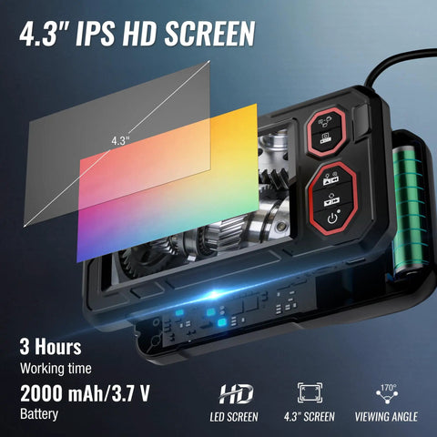 Dual Lens Endoscope With 4.3 Inch IPS Display And 16.4 Foot Cable, 1920P HD Real Time Imaging, Front And Side Cameras, 170 Degree Wide Viewing Angle, Zoom And Brightness Control For Clear Inspections.