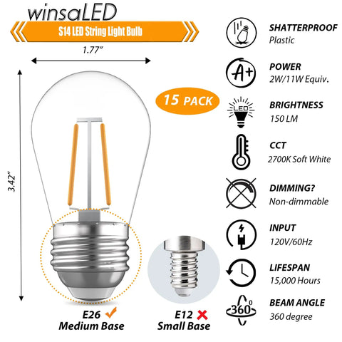 Diagram of 15 Pack Replacement LED Bulbs for Outdoor String Lights, 2W S14 Shatterproof Waterproof Bulbs, 2700K Soft White, E26 Base, AC120V