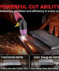 Dual Voltage Plasma Cutter 55A With Non Touch Pilot Arc cutting metal on workbench, showcased LED, IGBT inverter feature.