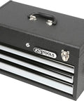 Black metal toolbox with latch and handle, suitable for ChromePlus Universal Tool Set, 99 Piece Gear With One Quarter Inch And One Half Inch Drive Bits