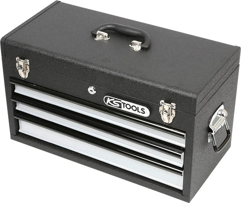Black metal toolbox with latch and handle, suitable for ChromePlus Universal Tool Set, 99 Piece Gear With One Quarter Inch And One Half Inch Drive Bits