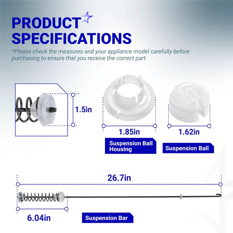 Image detailing specifications of Upgraded Washer Suspension Rod Replacement Kit W10780045 For Kenmore And Whirlpool.