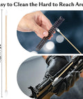 Double-ended bamboo cotton swab, 6 inches, white cotton tips; full-length view, close-up tip, gun-cleaning scene