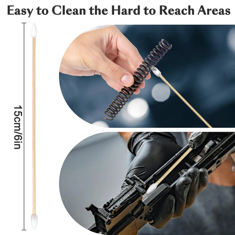Double-ended bamboo cotton swab, 6 inches, white cotton tips; full-length view, close-up tip, gun-cleaning scene