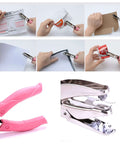 Handheld Paper Hole Punch With Pink Leather Cover, 6.3 Inch Overall Length, demonstrating use on paper, leather, and card stock.