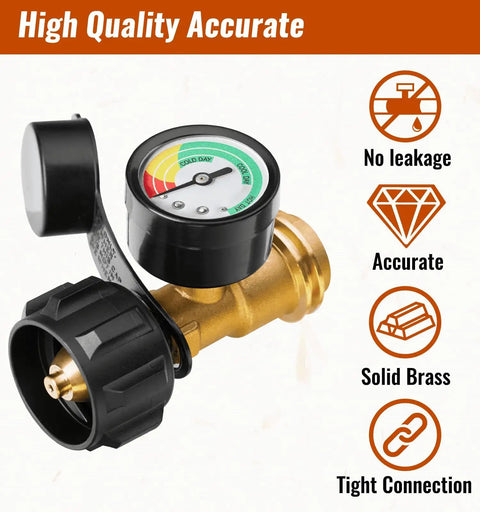 Propane Tank Gauge With Three Color Coded Level Indicators For 5 To 40 Lb Tanks QCC1 Type1 Connection Compatible For Grills Campers RVs And Outdoor BBQ Grilling, solid brass