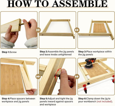 Step-by-step assembly guide for Juice Groove Router Jig For Cutting Boards Adjustable Wooden Router Guide shown in use.