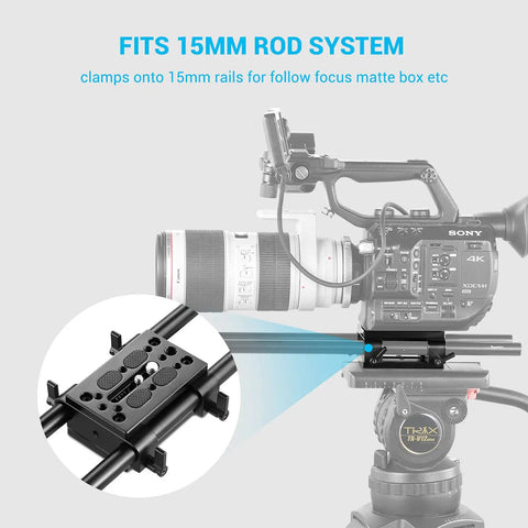 Camera Base Plate With 15mm Rod Clamp Rail Block for Tripod and Shoulder Rigs, black aluminum plate on 15mm rails with camera rig