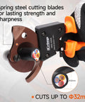 Pro Level Heavy Duty Ratchet Cable Cutter with spring steel blades cuts up to 32mm thick cables, shown in hand for easy operation.